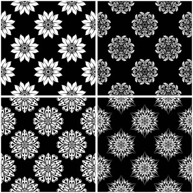 Çiçek desenleri. Siyah beyaz tek renkli kesintisiz arka planlar kümesi. Vektör çizim
