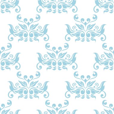 Beyaz zemin üzerine mavi çiçek süsleme. Tekstil ve duvar kağıtları için seamless modeli