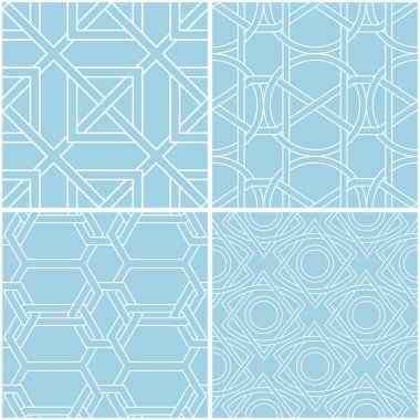 Geometrik desenler. Mavi ve beyaz sorunsuz arka planlar kümesi. Vektör çizim