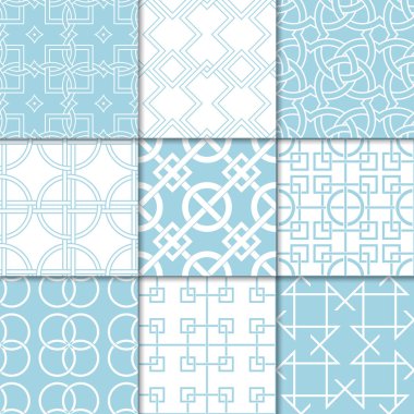 Mavi ve beyaz geometrik süsler. Web, Tekstil ve duvar kağıtları için dikişsiz desen koleksiyonu