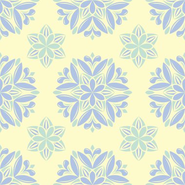 Çiçek desenli sorunsuz arka plan. Bej renkli arka plan duvar kağıtları, Tekstil ve kumaş için mavi ve yeşil ışık çiçek öğeleri ile