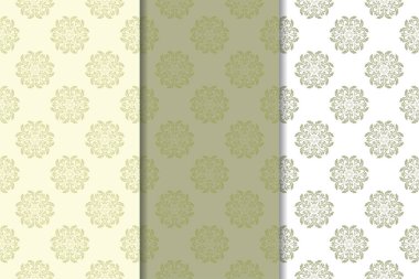 Zeytin yeşili ve beyaz çiçek arka planlar. Tekstil ve duvar kağıtları için dikişsiz desen seti