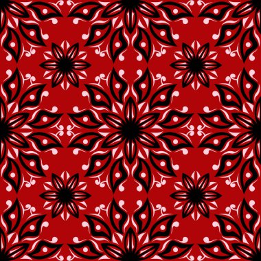 Sorunsuz çiçek arka plan. Kırmızı zemin üzerinde siyah-beyaz desen.