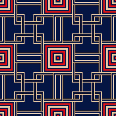 Geometrik mavi sorunsuz arka plan. Kırmızı ve bej renkli desen. Duvar kağıtları ve tekstil tasarım