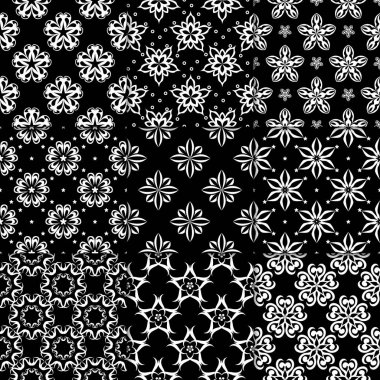 Siyah ve beyaz çiçekli süsler. Koleksiyon için kağıt, tek renkli Dikişsiz desen Tekstil
