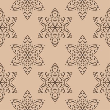 Bej renkli arka plan üzerinde kahverengi çiçek süs tasarım. Tekstil ve duvar kağıtları için seamless modeli