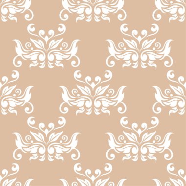 Bej renkli arka plan üzerinde beyaz çiçek süsleme. Tekstil ve duvar kağıtları için seamless modeli