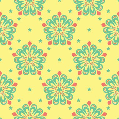 Çiçek tasarım ile Seamless modeli. Parlak sarı arka plan duvar kağıtları, Tekstil ve kumaş için pembe ve yeşil çiçek öğeleri