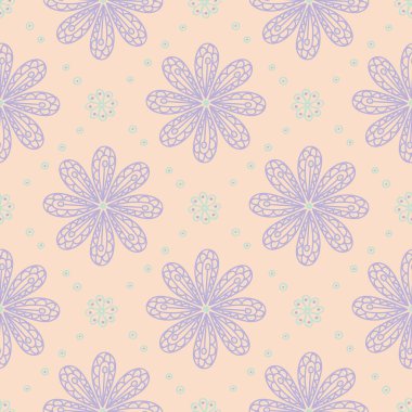 Çiçek seamless modeli. Bej renkli arka plan duvar kağıtları, Tekstil ve kumaş için mor ve mavi çiçek öğeleri ile