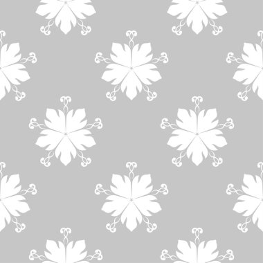 Gri arka plan üzerinde beyaz çiçekler. Tekstil ve duvar kağıtları için süs seamless modeli