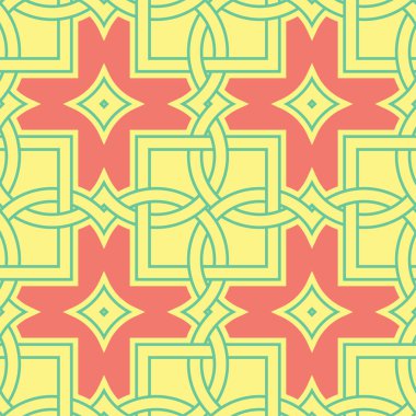 Geometrik şekilli elemanları ile sorunsuz arka plan. Parlak sarı arka plan duvar kağıtları, Tekstil ve kumaş için pembe ve yeşil tasarım ile