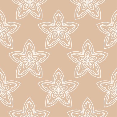 Bej renkli arka plan üzerinde beyaz çiçek süsleme. Tekstil ve duvar kağıtları için seamless modeli