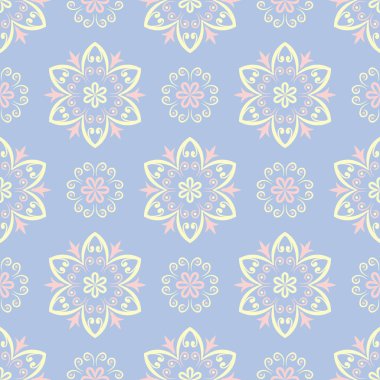 Çiçek seamless modeli. Soluk mavi arka plan duvar kağıtları, Tekstil ve kumaş için bej ve pembe çiçek öğeleri ile