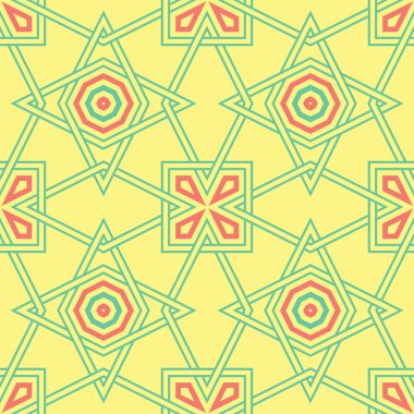 Geometrik sarı seamless modeli. Renkli arka plan duvar kağıtları, Tekstil ve kumaş için pembe ve yeşil tasarım ile
