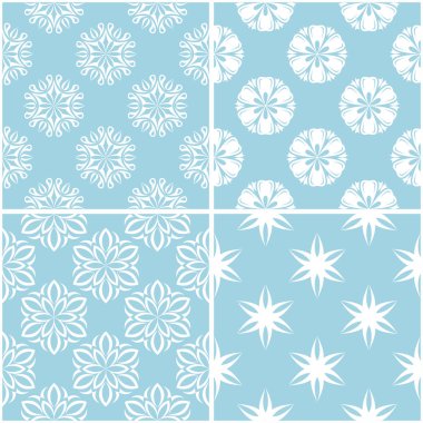 Çiçek desenleri. Mavi ve beyaz sorunsuz arka planlar kümesi. Vektör çizim
