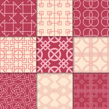 Kiraz kırmızı ve bej geometrik süsler. Web, Tekstil ve duvar kağıtları için dikişsiz desen koleksiyonu