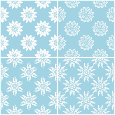 Çiçek desenleri. Mavi ve beyaz sorunsuz arka planlar kümesi. Vektör çizim