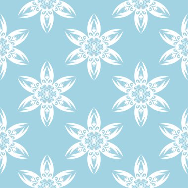 Mavi zemin üzerine beyaz çiçekler. Tekstil ve duvar kağıtları için süs seamless modeli