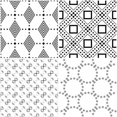 Geometrik desenler. Siyah beyaz tek renkli kesintisiz arka planlar kümesi. Vektör çizim