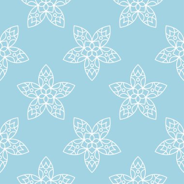 Mavi zemin üzerine beyaz çiçek süsleme. Tekstil ve duvar kağıtları için seamless modeli