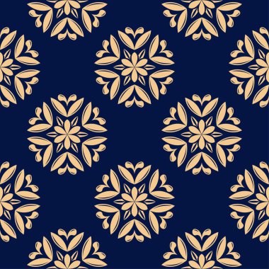 Koyu mavi zemin üzerine altın çiçek tasarım. Tekstil ve duvar kağıtları için seamless modeli