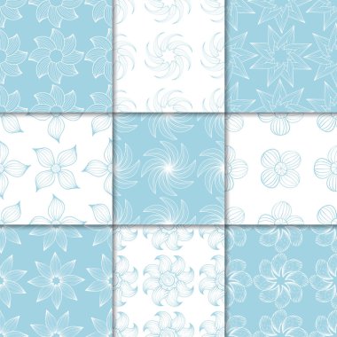 Mavi ve beyaz çiçekli süsler. Kağıt için dikişsiz desen koleksiyonu Tekstil