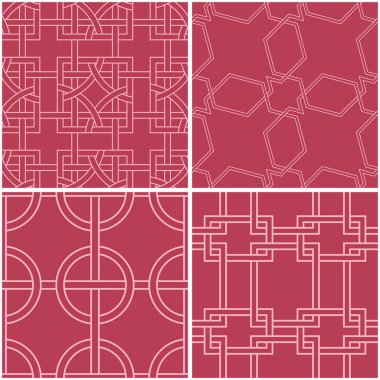 Geometrik desenler. Soluk kırmızı sorunsuz arka planlar kümesi. Vektör çizim