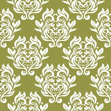 Zeytin yeşil zemin üzerine beyaz çiçek süsleme. Tekstil ve duvar kağıtları için seamless modeli