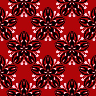 Sorunsuz çiçek arka plan. Kırmızı zemin üzerinde siyah-beyaz desen.