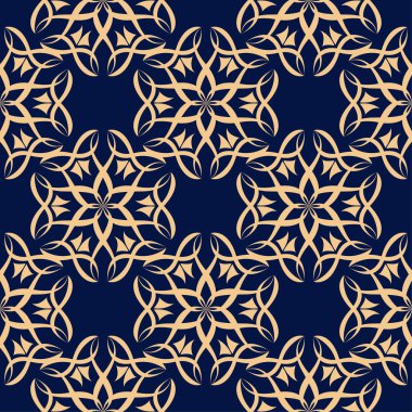 Koyu mavi zemin üzerine altın çiçek süsleme. Tekstil ve duvar kağıtları için seamless modeli