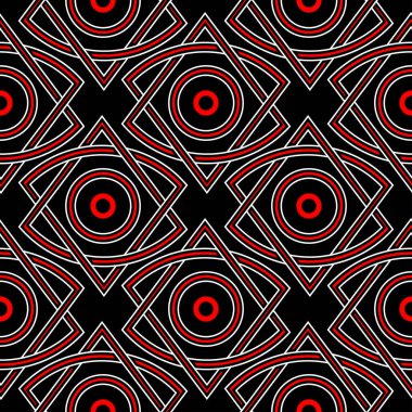 Geometrik seamless modeli. Duvar kağıtları, Tekstil ve kumaş için siyah arka plan üzerinde öğeleri kırmızı ve beyaz