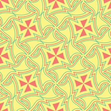 Geometrik şekilli elemanları ile sorunsuz arka plan. Parlak sarı arka plan duvar kağıtları, Tekstil ve kumaş için pembe ve yeşil tasarım ile