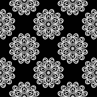 Siyah arka plan üzerine beyaz çiçek süsleme. Tekstil ve duvar kağıtları için seamless modeli