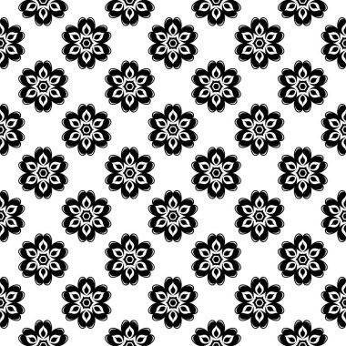 Beyaz arka planda siyah çiçek süsleme. Tekstil ve duvar kağıtları için seamless modeli