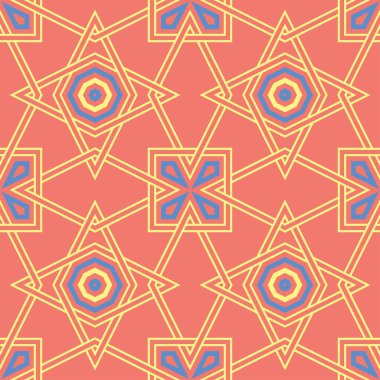 Geometrik kırmızı turuncu seamless modeli. Parlak arka plan duvar kağıtları, Tekstil ve kumaş için mavi ve sarı tasarımı ile