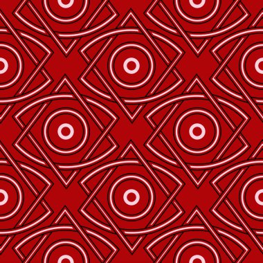 Geometrik seamless modeli. Kırmızı zemin üzerine siyah ve beyaz öğeleri. Duvar kağıtları ve tekstil tasarım