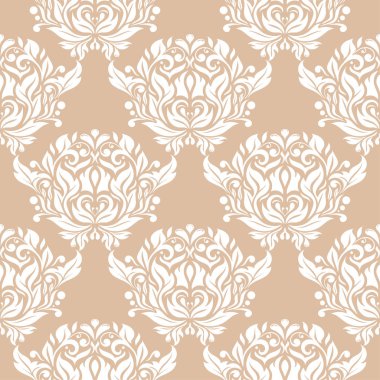 Bej renkli arka plan üzerinde beyaz çiçek süsleme. Tekstil ve duvar kağıtları için seamless modeli