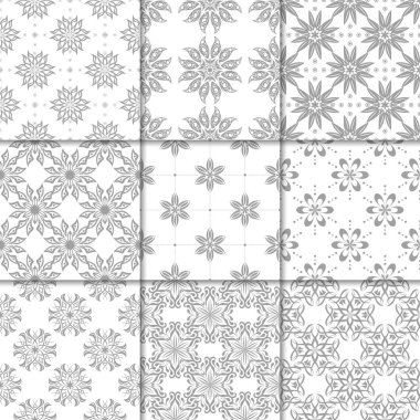 Gri ve beyaz çiçekli süsler. Kağıt için tarafsız Dikişsiz desen koleksiyonu Tekstil