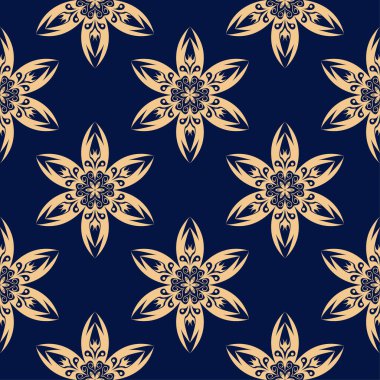 Mavi zemin üzerine altın çiçek. Tekstil ve duvar kağıtları için seamless modeli