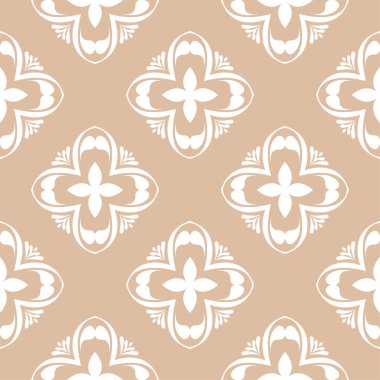 Bej renkli arka plan üzerinde beyaz çiçek süsleme. Tekstil ve duvar kağıtları için seamless modeli
