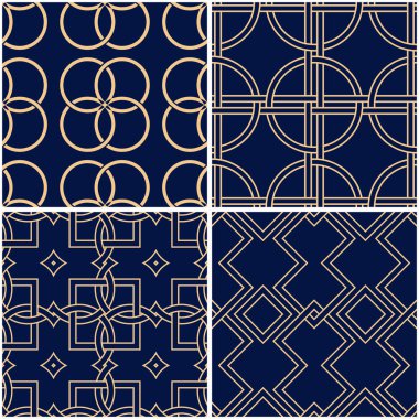 Geometrik desenler. Altın mavi sorunsuz arka planlar kümesi. Vektör çizim