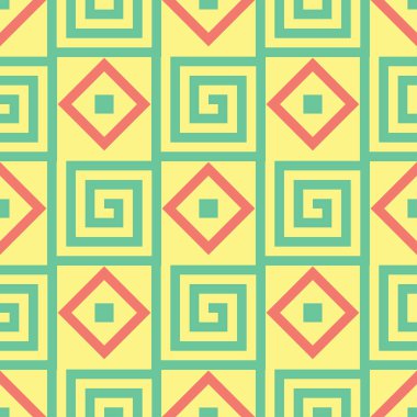 Geometrik şekilli elemanları ile sorunsuz arka plan. Parlak sarı arka plan duvar kağıtları, Tekstil ve kumaş için pembe ve yeşil tasarım ile