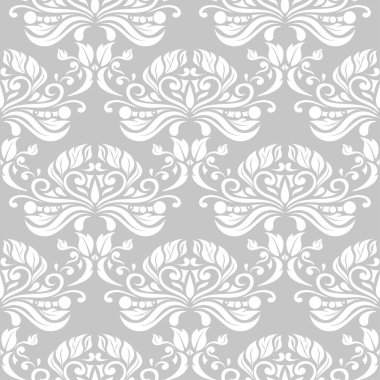 Gri arka plan üzerinde beyaz çiçek süsleme. Tekstil ve duvar kağıtları için seamless modeli