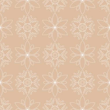 Bej renkli arka plan üzerinde beyaz çiçek tasarım. Tekstil ve duvar kağıtları için seamless modeli