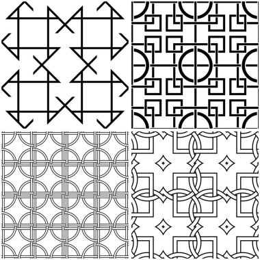 Geometrik desenler. Siyah beyaz tek renkli kesintisiz arka planlar kümesi. Vektör çizim