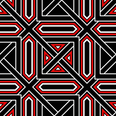 Kesintisiz geometrik siyah arka plan. Kırmızı ve beyaz öğelerle duvar kağıtları, Tekstil ve kumaş için