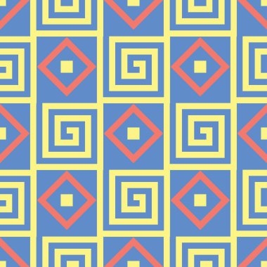 Geometrik seamless modeli. Mavi arka plan duvar kağıtları, Tekstil ve kumaş için kırmızı ve sarı tasarımı ile