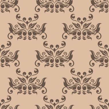 Bej renkli arka plan üzerinde kahverengi çiçek süsleme. Tekstil ve duvar kağıtları için seamless modeli