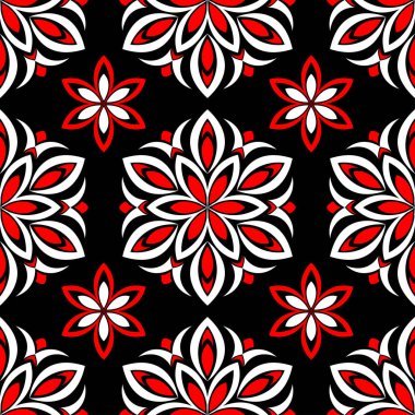 Sorunsuz çiçek desenli. Siyah arka plan üzerinde öğeleri kırmızı ve beyaz.