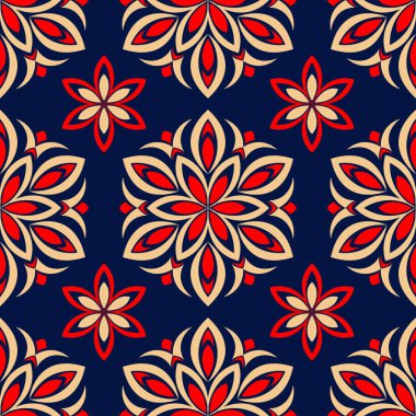 Kesintisiz mavi arka plan. Çiçek bej ve kırmızı desenli duvar kağıtları ve tekstil